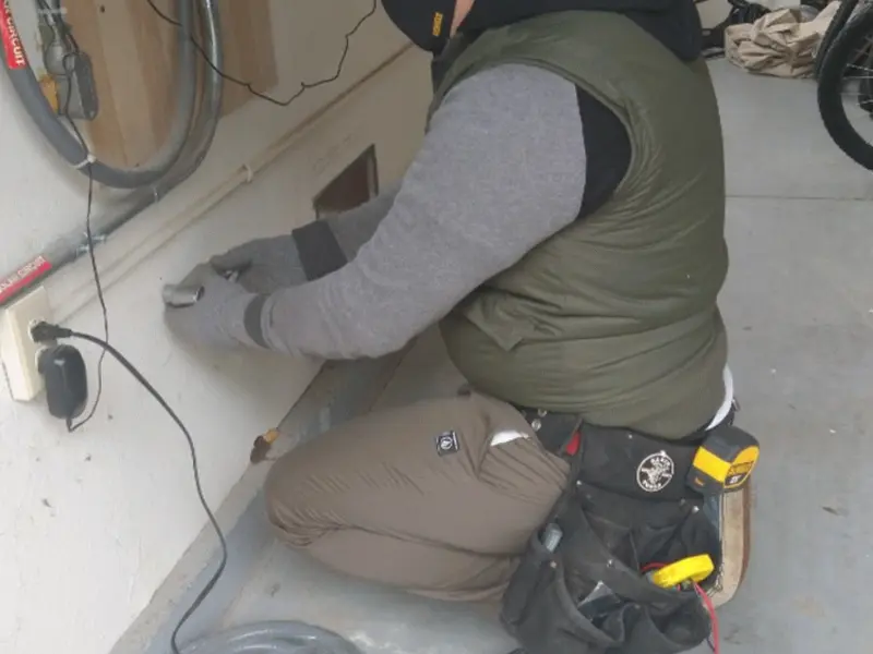 Electrician performing outlet wiring in a Polk garage